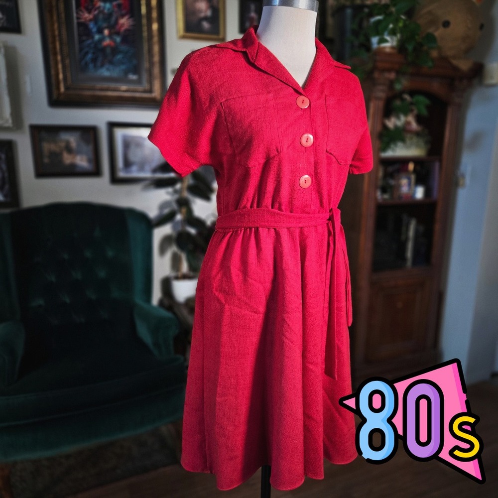 Lisa II Dress Vintage 1980s Red Shirt Waist Button Front Belted Mod Retro Small